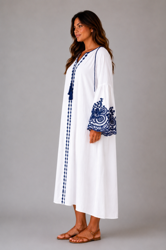 Robe blanche borderie bleue ATHÉNA - profil