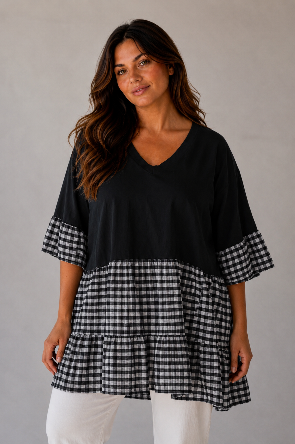 T shirt VICHY noir face grande taille femme Rachael Miles Paris face Tunique overzise bohème - VICHY – Image 1