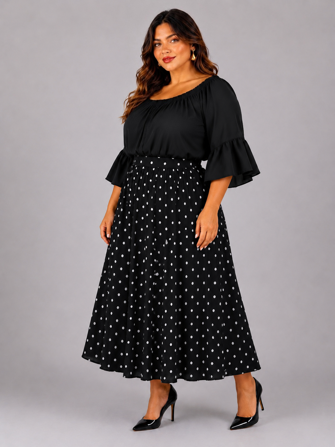 Jupe PARIS Grande taille femme Elastique petits pois noir 3:4 Rachael Miles Paris Jupe à Pois - PARIS – Image 1