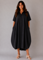 Robe Coton Col Chemisier Noir - DORA
