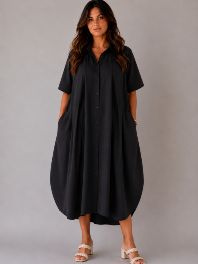 Robe Coton Col Chemisier Noir - DORA