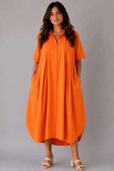 Robe Coton Col Chemisier Orange - DORA