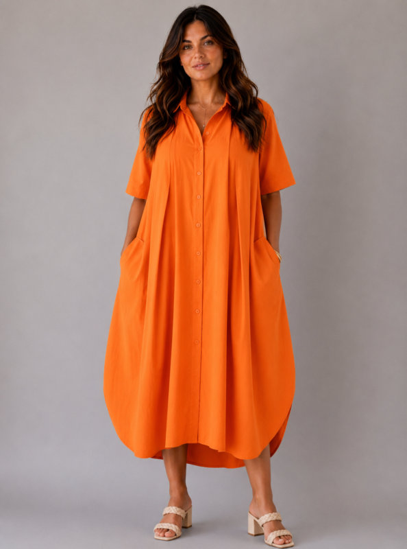 Robe Coton Col Chemisier Orange - DORA