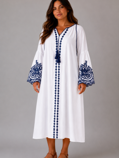 Robe blanche broderie bleue ATHÉNA - face