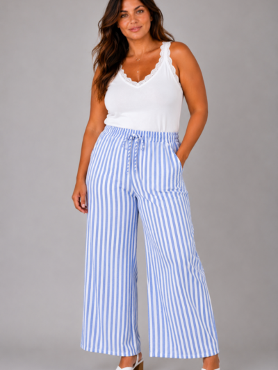 Pantalon gaze de coton à rayures bleu - ELEONORE