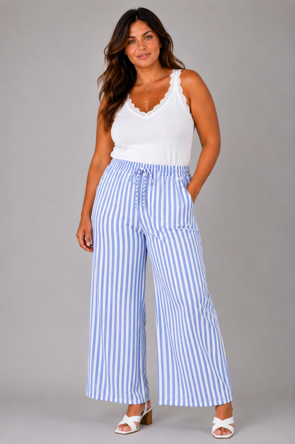 Pantalon gaze de coton à rayures bleu - ELEONORE Pantalon gaze de coton à rayures bleu - ELEONORE