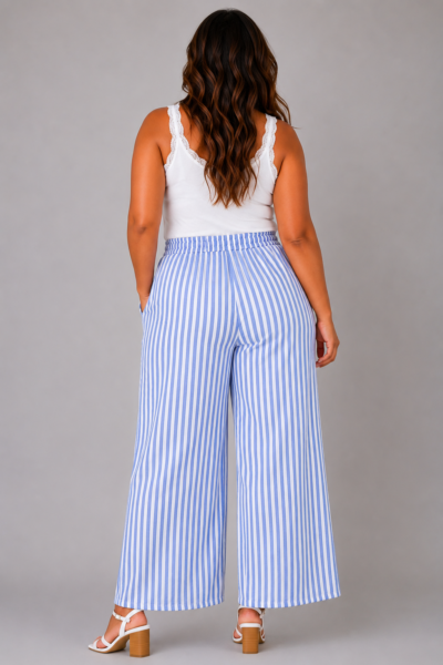 Pantalon gaze de coton à rayures bleu - ELEONORE