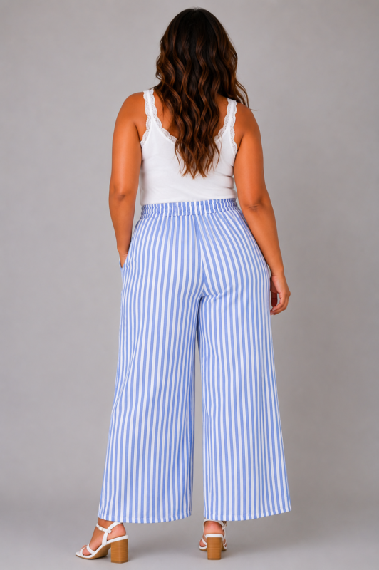 Pantalon gaze de coton à rayures bleu - ELEONORE