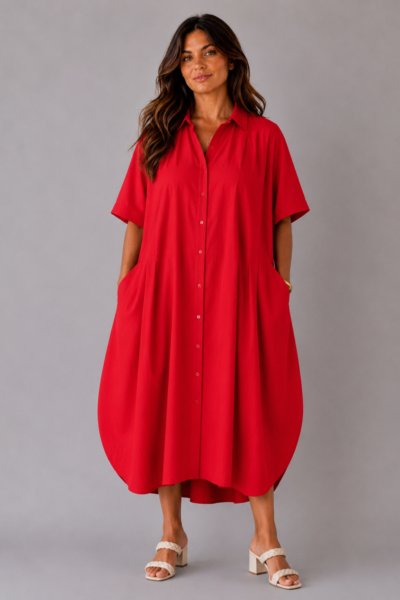 Robe coton col chemisier rouge - DORA