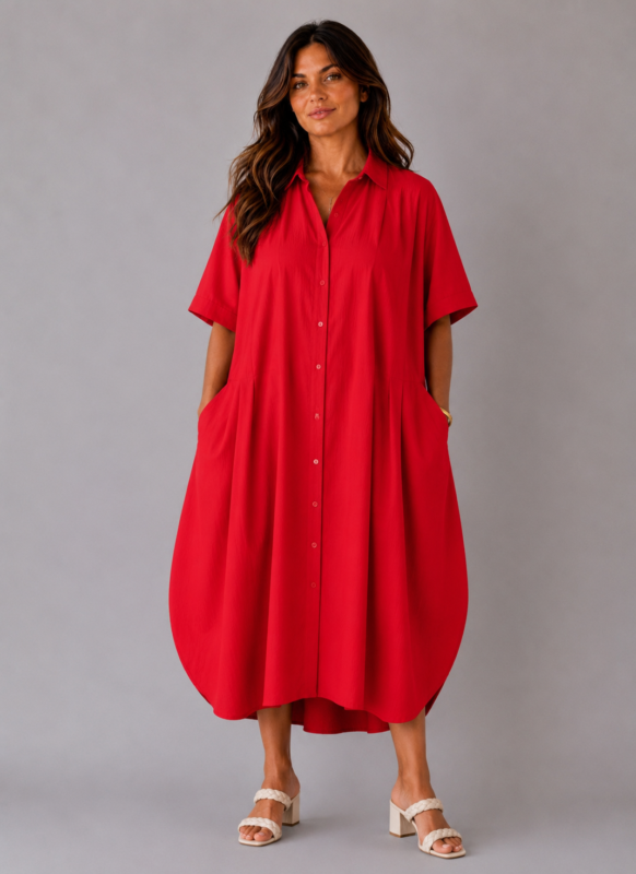 Robe coton col chemisier rouge - DORA