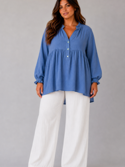Blouse volantée bleu - CONSTANCE