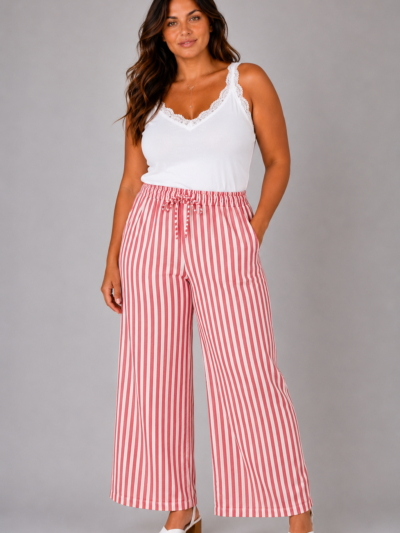 Pantalon gaze de coton à rayures rouge - ELEONORE
