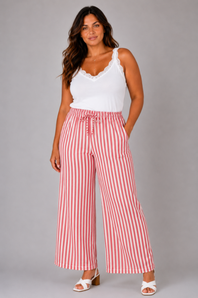 Pantalon gaze de coton à rayures rouge - ELEONORE