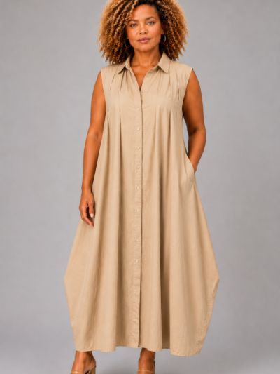 Robe chemise sans manches en coton beige - MONA
