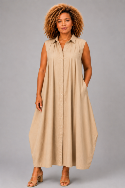 Robe chemise sans manches en coton beige - MONA