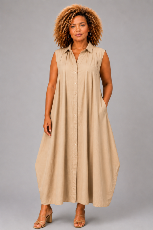 Robe chemise sans manches en coton beige - MONA