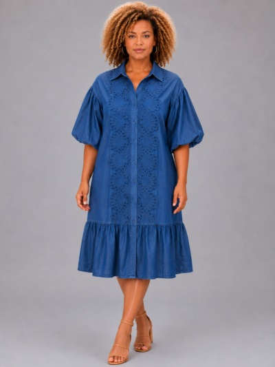 Robe chemise brodée bleu - CINDY