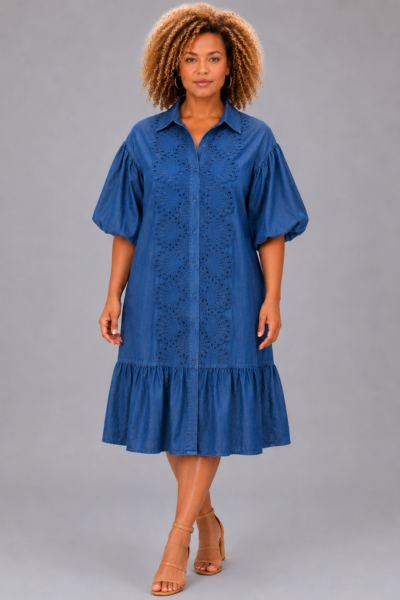 Robe chemise brodée bleu - CINDY
