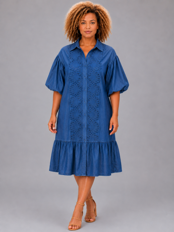 Robe chemise brodée bleu - CINDY